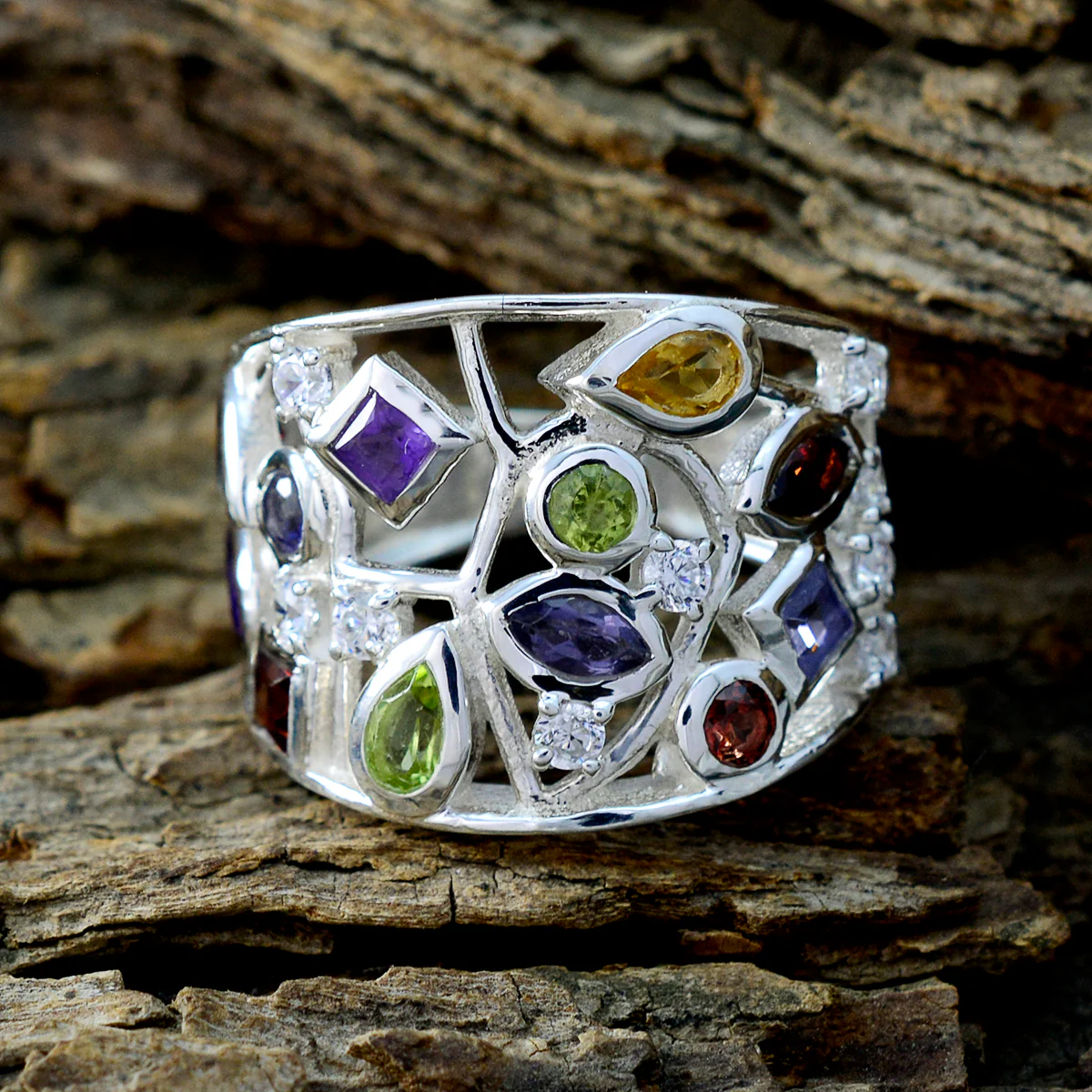 Multi Stone multiple French 92.5 Silver multicolor Gems Versatile Cocktail Ring Jewelry - Image 3