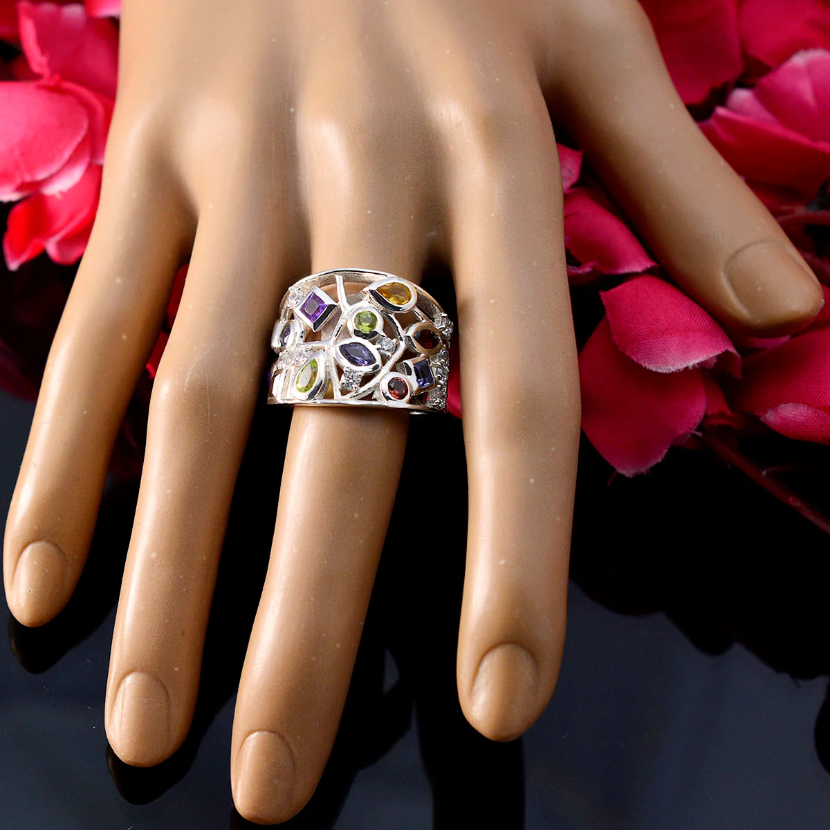 Multi Stone multiple French 92.5 Silver multicolor Gems Versatile Cocktail Ring Jewelry - Image 5