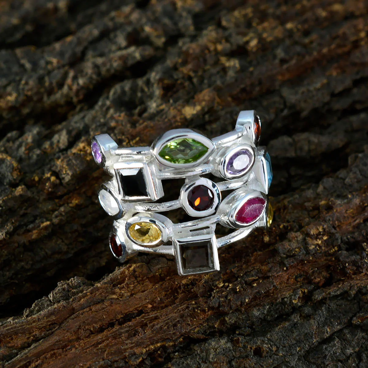 Multi Stone multiple French 925 Sterling Silver multicolor Gemstones Eye-catching Cocktail Ring Jewellery - Image 3