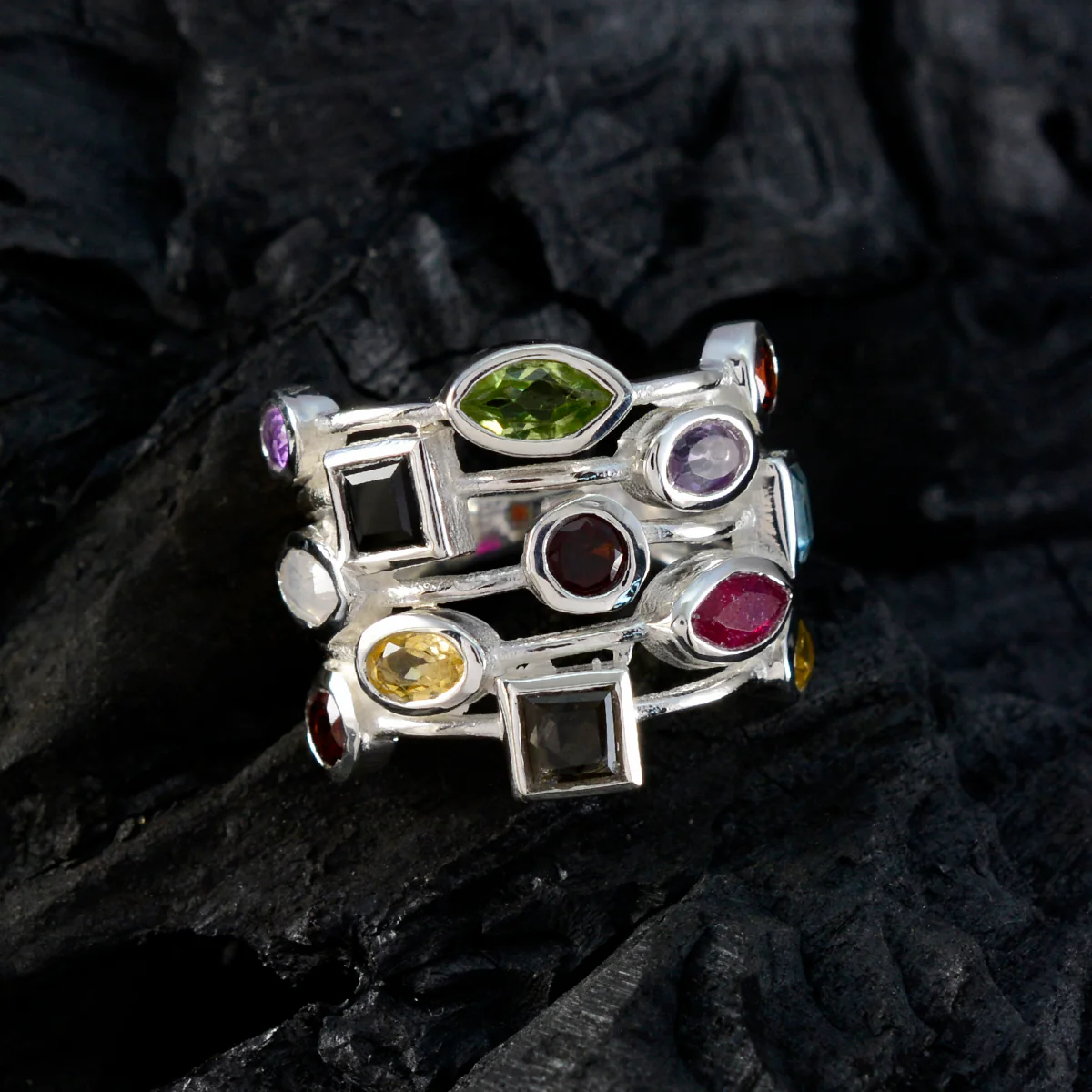 Multi Stone multiple French 925 Sterling Silver multicolor Gemstones Eye-catching Cocktail Ring Jewellery - Image 4