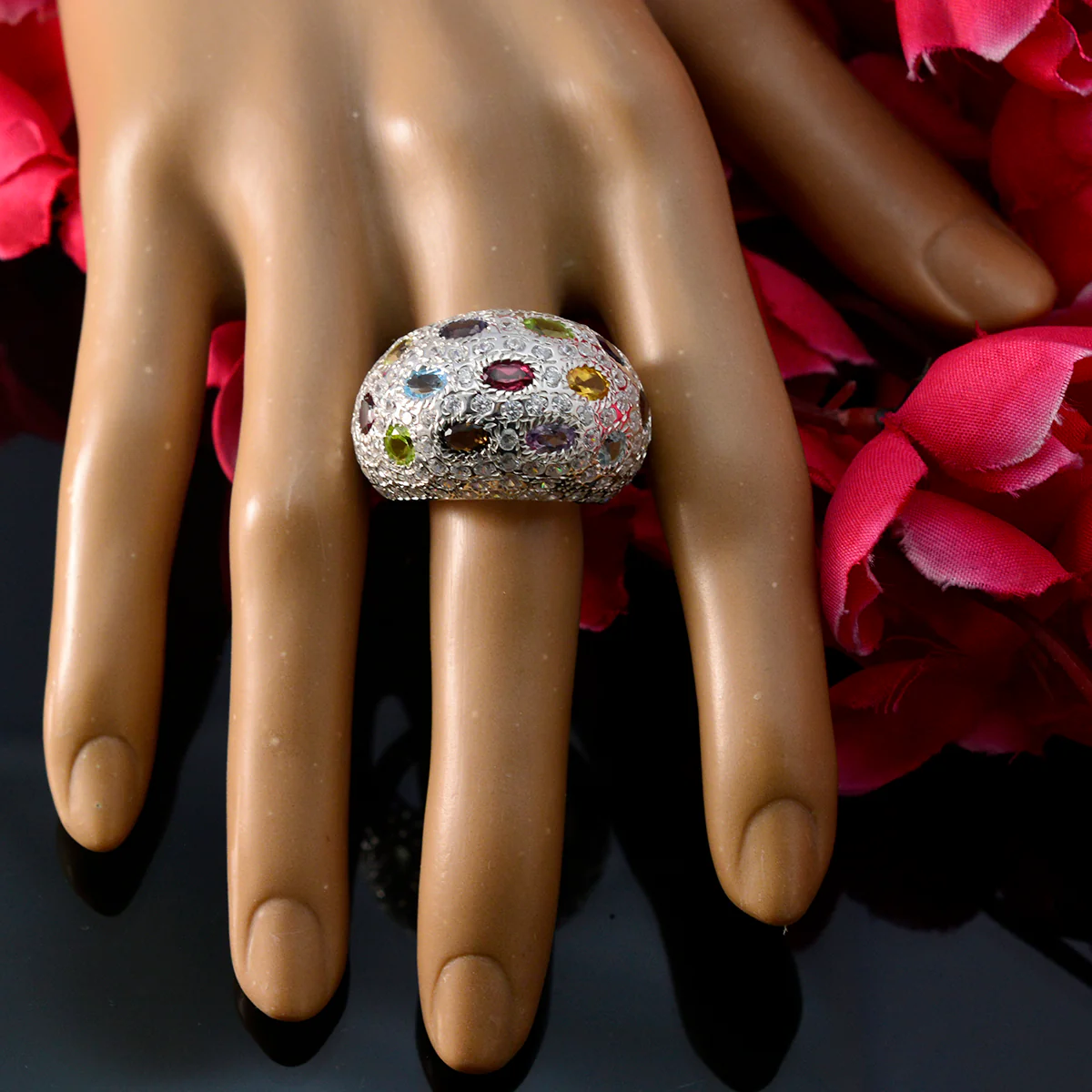 Multi Stone multiple French Sterling Silver multicolor Gemstone Statement Cocktail Ring Jewelry - Image 5