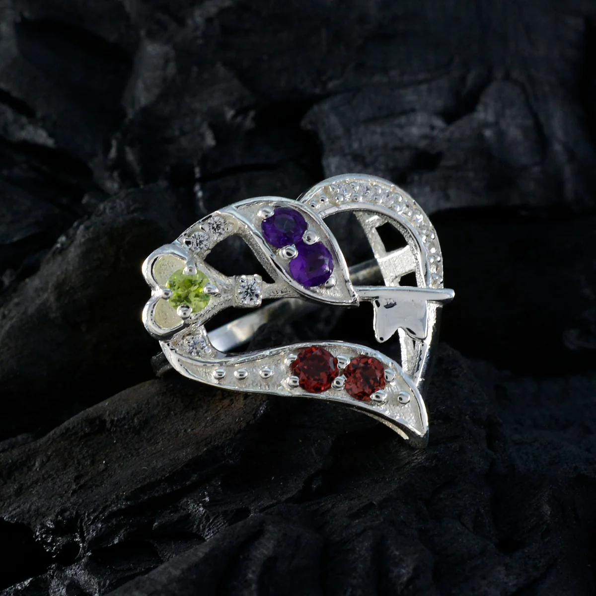 Multi Stone multiple German Silver multicolor Gemstone Tiny Romantic Ring Jewelry - Image 5