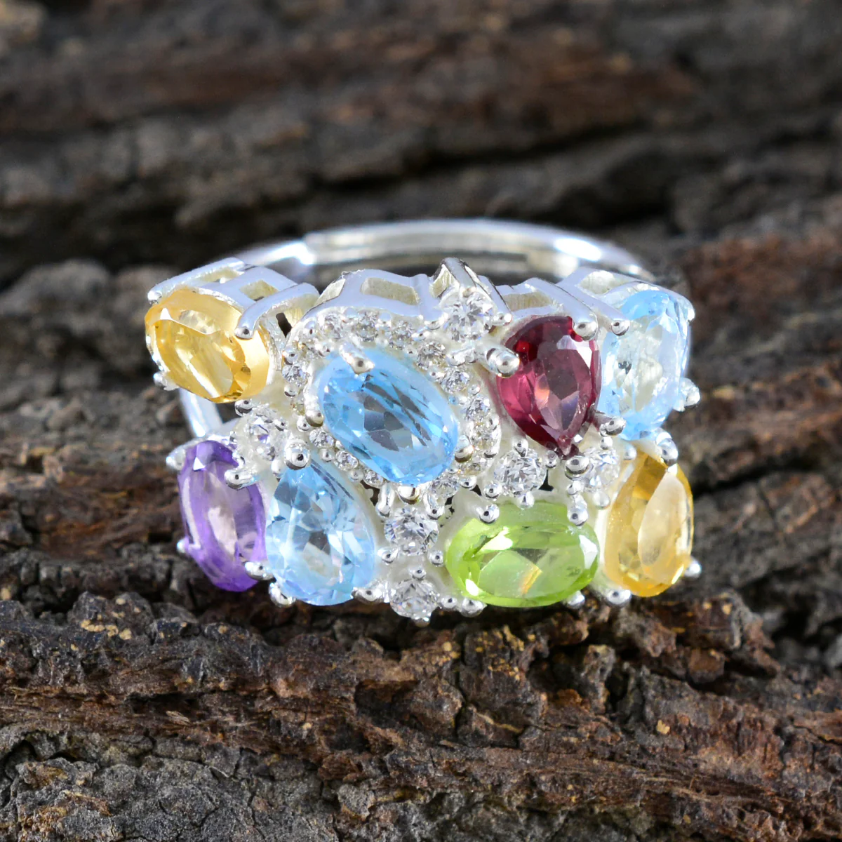 Multi Stone multiple Indian 92.5 Silver multicolor Gems Minimal Cocktail Ring Jewelry - Image 3