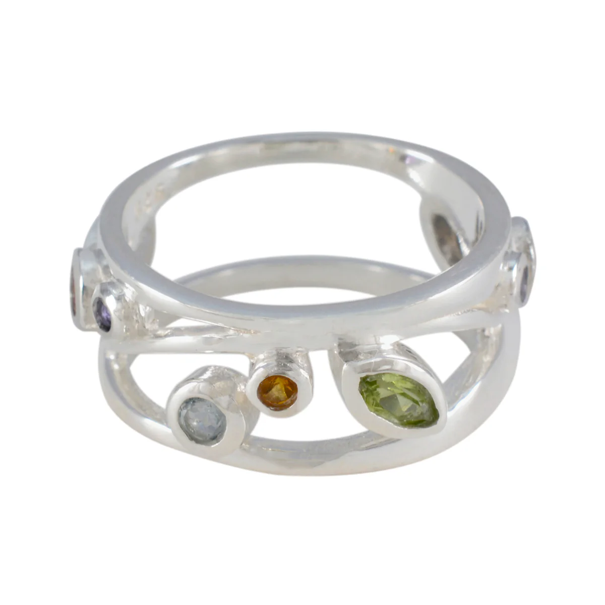 Multi Stone multiple Russian Silver multicolor Gemstone Mid-weight Bubble Band Jewellery