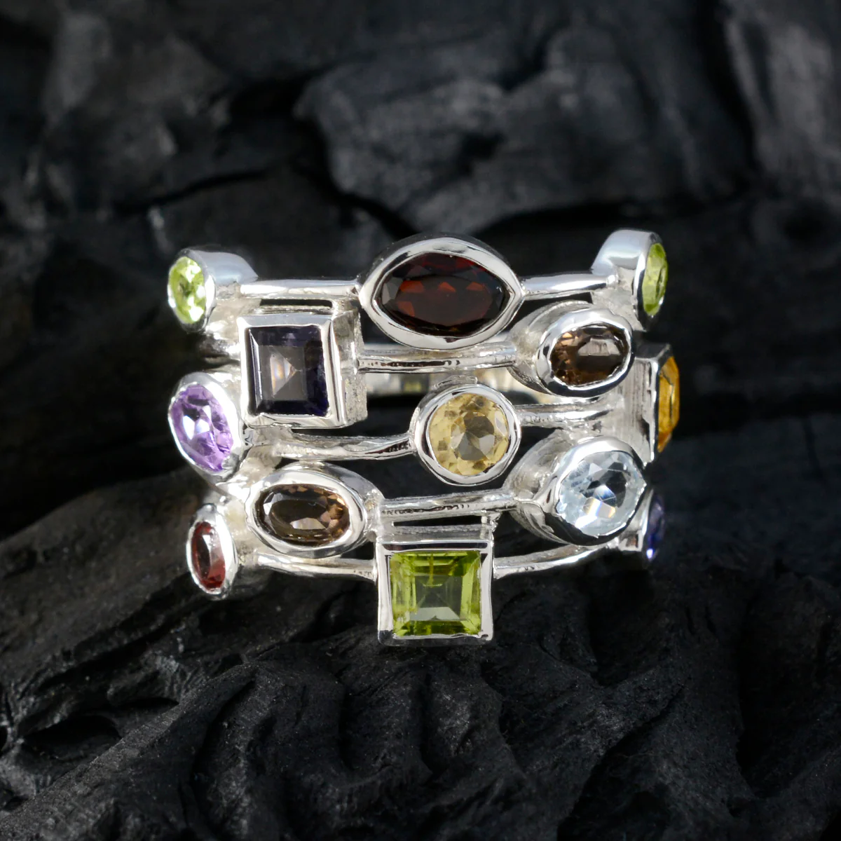 Multi Stone multiple Russian Sterling Silver multicolor Gemstones Eye-catching Cocktail Ring Jewelry - Image 4