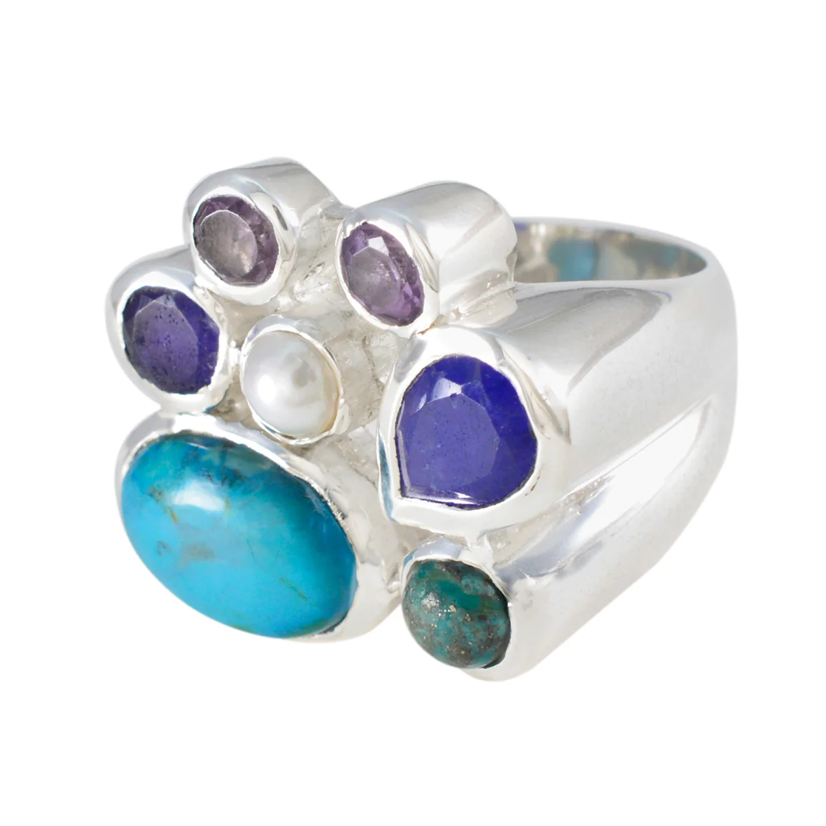 Multi Stone multiple Spanish Sterling Silver multicolor Gems Chunky Cocktail Ring Jewelry - Image 3
