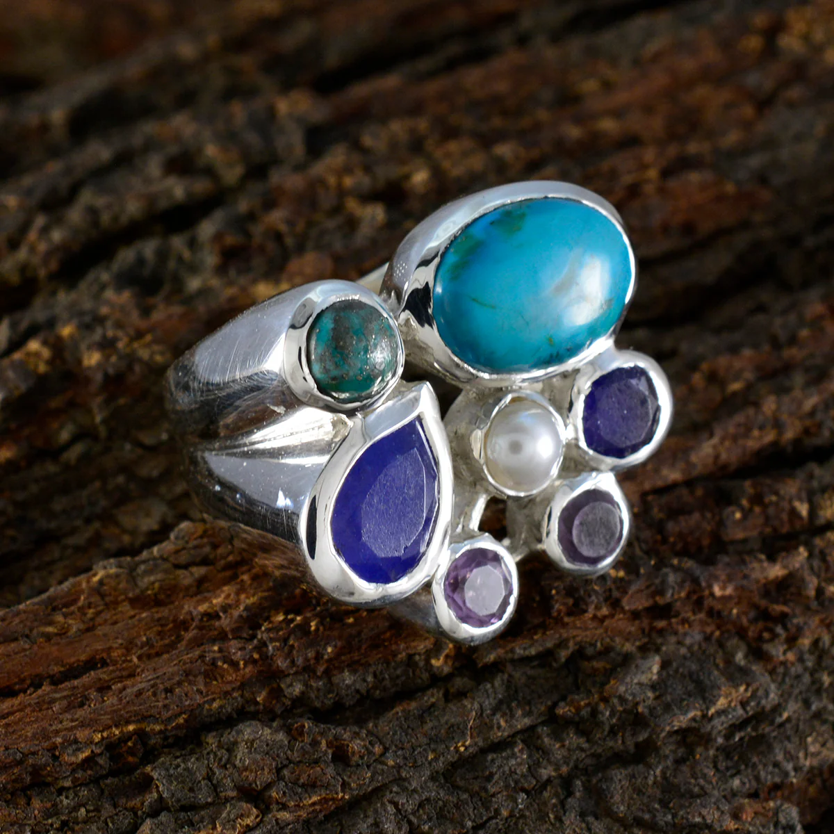 Multi Stone multiple Spanish Sterling Silver multicolor Gems Chunky Cocktail Ring Jewelry - Image 4