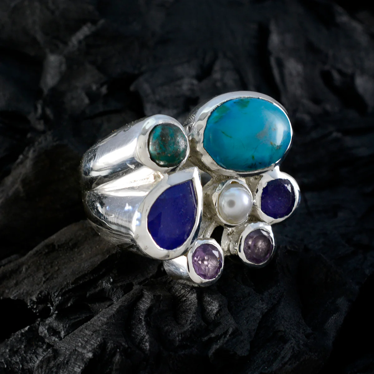 Multi Stone multiple Spanish Sterling Silver multicolor Gems Chunky Cocktail Ring Jewelry - Image 5