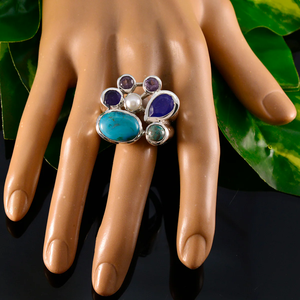 Multi Stone multiple Spanish Sterling Silver multicolor Gems Chunky Cocktail Ring Jewelry - Image 6