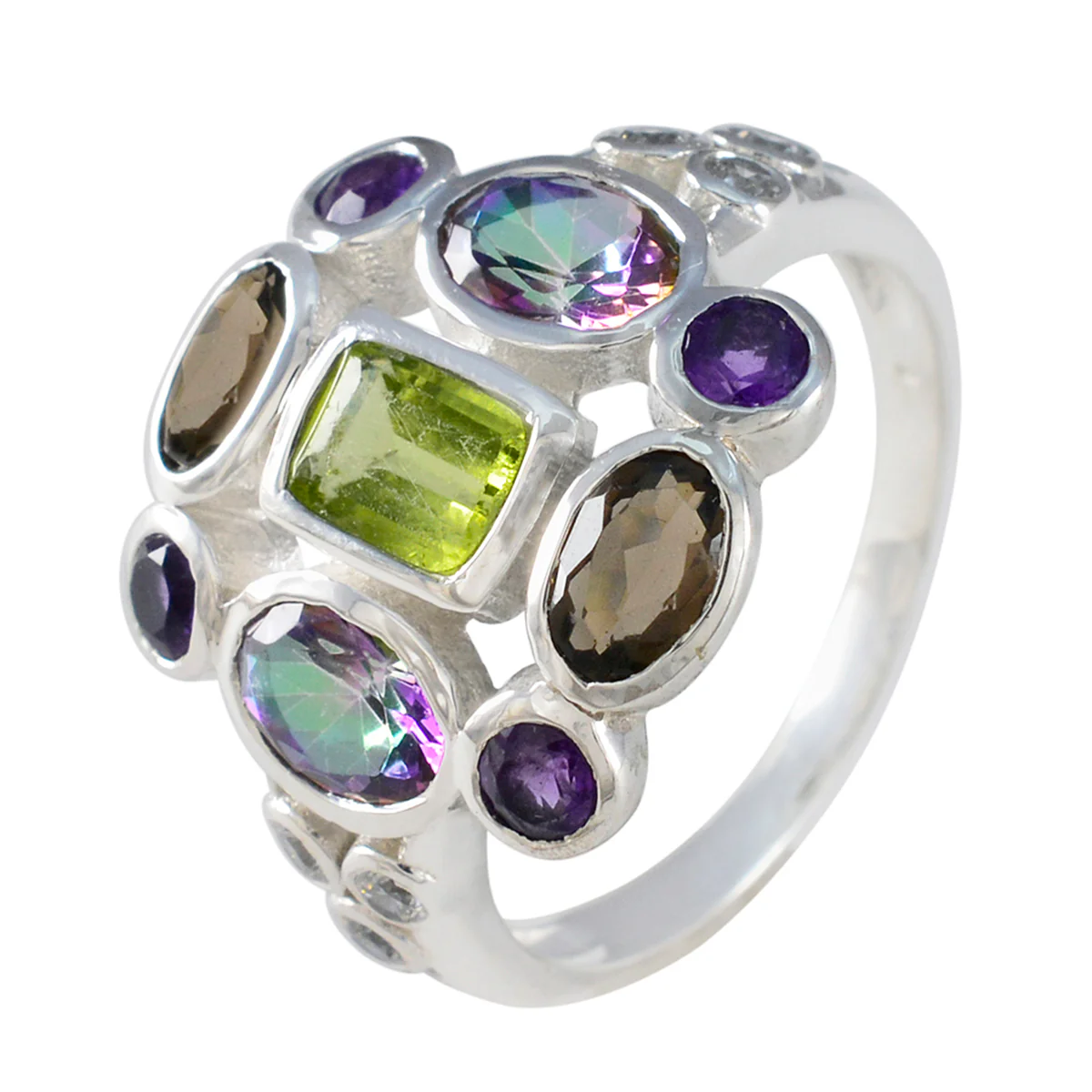 Multi Stone Navratna African 92.5 Silver multicolor Gemstone Classic Cocktail Ring Jewellery - Image 2