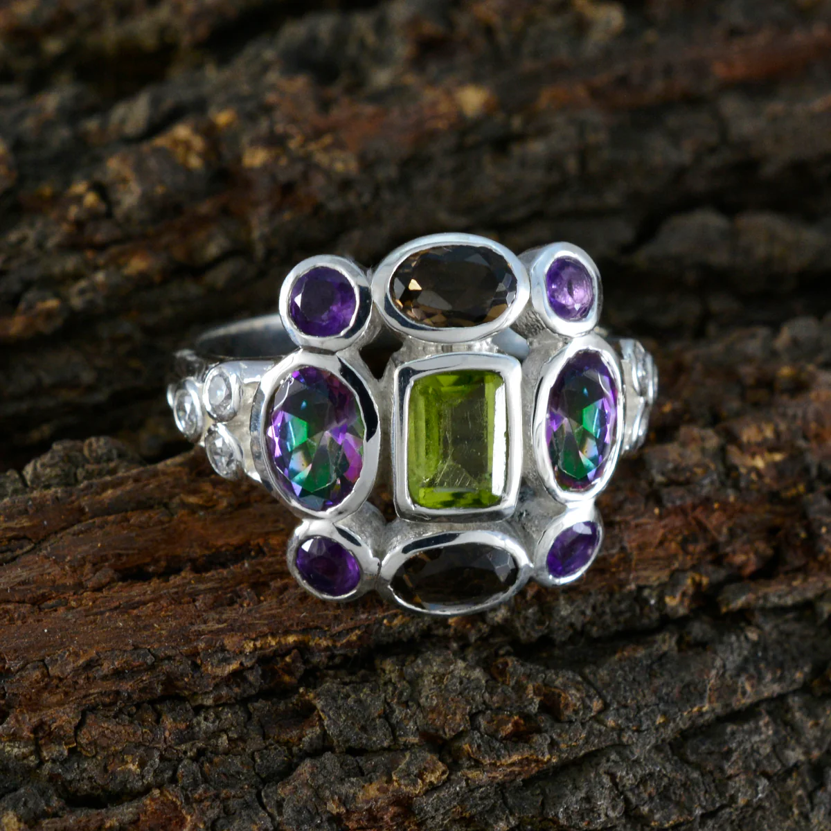 Multi Stone Navratna African 92.5 Silver multicolor Gemstone Classic Cocktail Ring Jewellery - Image 3