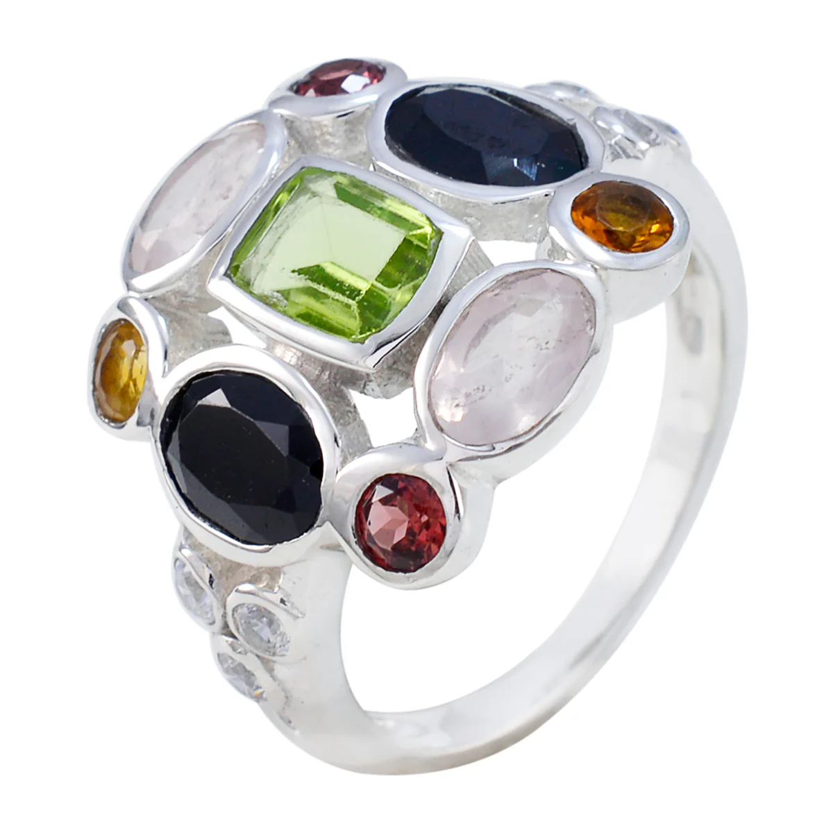 Multi Stone Navratna African Silver multicolor Gemstones Classic Cocktail Ring Jewelry - Image 2
