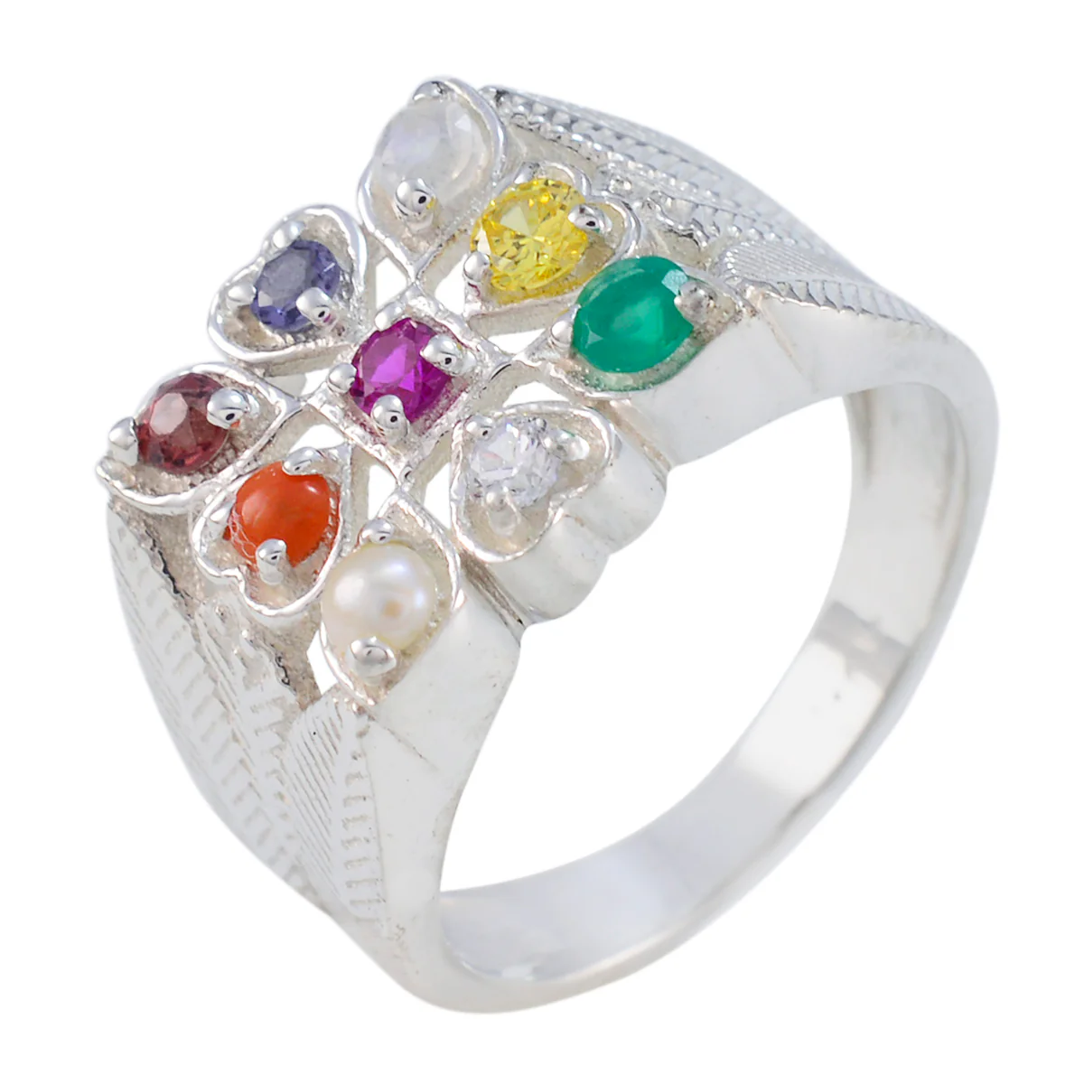 Multi Stone navratna African Silver multicolor Gemstones Mid-weight Traditional Ring Jewelry - Image 2