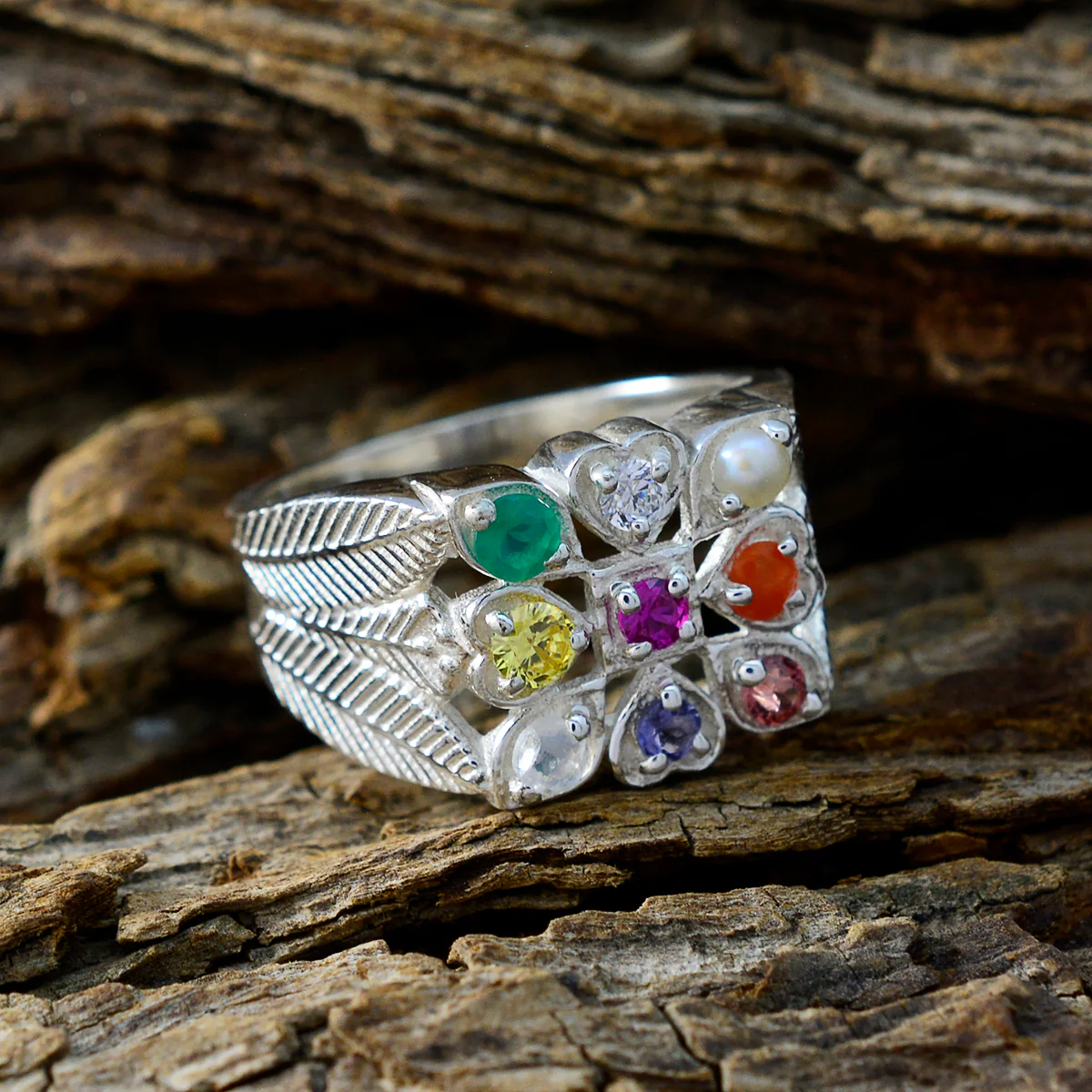 Multi Stone navratna African Silver multicolor Gemstones Mid-weight Traditional Ring Jewelry - Image 3
