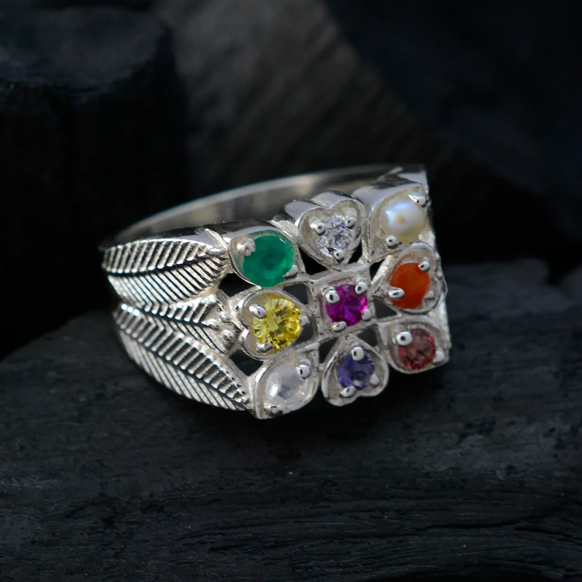 Multi Stone navratna African Silver multicolor Gemstones Mid-weight Traditional Ring Jewelry - Image 4