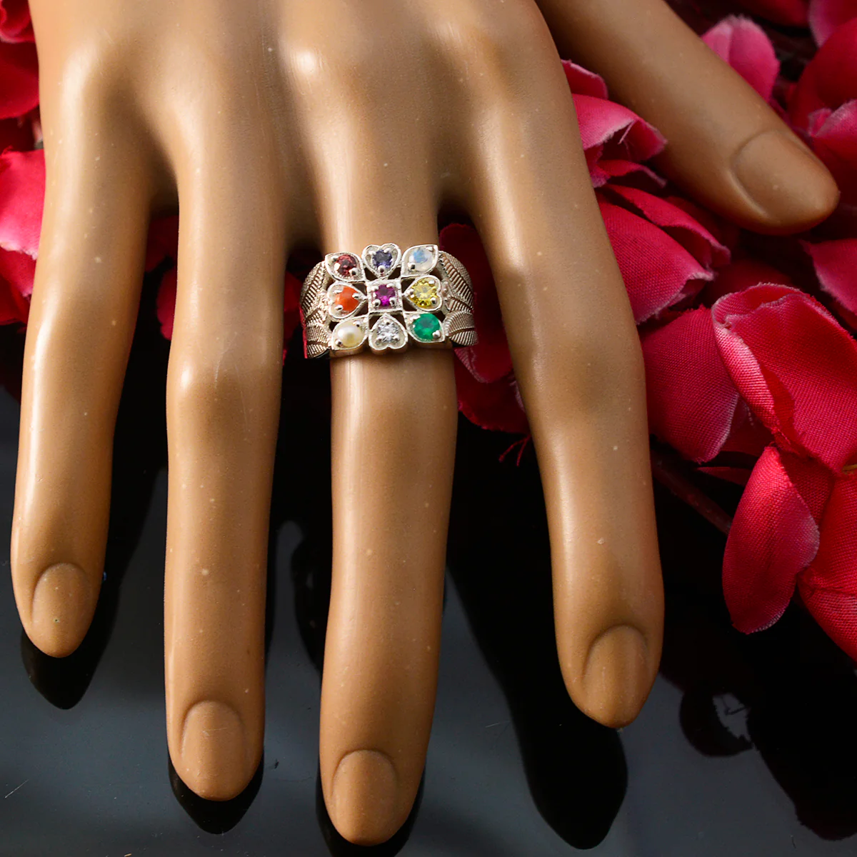 Multi Stone navratna African Silver multicolor Gemstones Mid-weight Traditional Ring Jewelry - Image 5