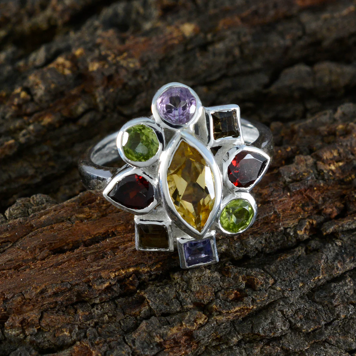 Multi Stone navratna African Sterling Silver multicolor Gemstones Eye-catching Cocktail Ring Jewellery - Image 3