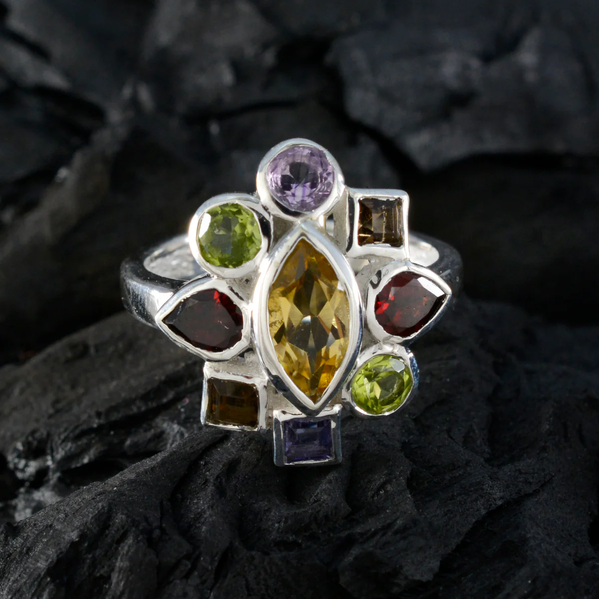 Multi Stone navratna African Sterling Silver multicolor Gemstones Eye-catching Cocktail Ring Jewellery - Image 4