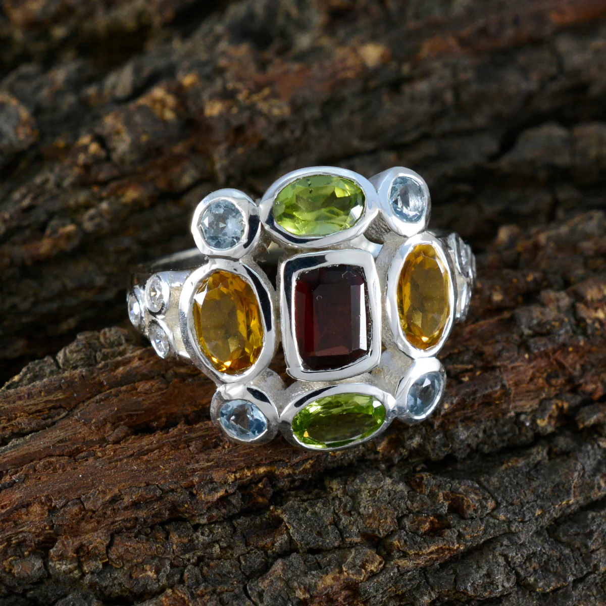 Multi Stone Navratna Egyptian Sterling Silver multicolor Gemstone Classic Cocktail Ring Jewelry - Image 3