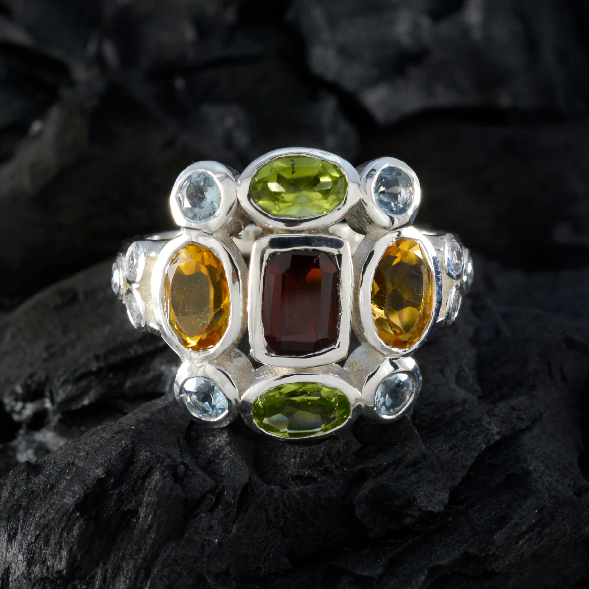 Multi Stone Navratna Egyptian Sterling Silver multicolor Gemstone Classic Cocktail Ring Jewelry - Image 4