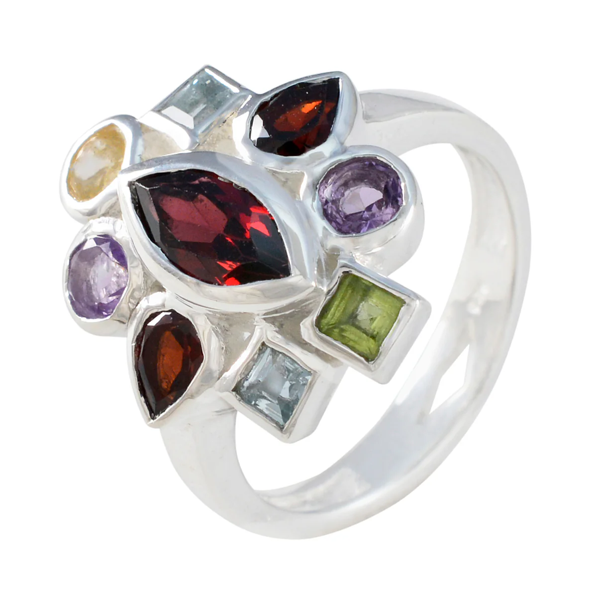 Multi Stone navratna French 925 Silver multicolor Gemstone Eye-catching Cocktail Ring Jewelry - Image 2