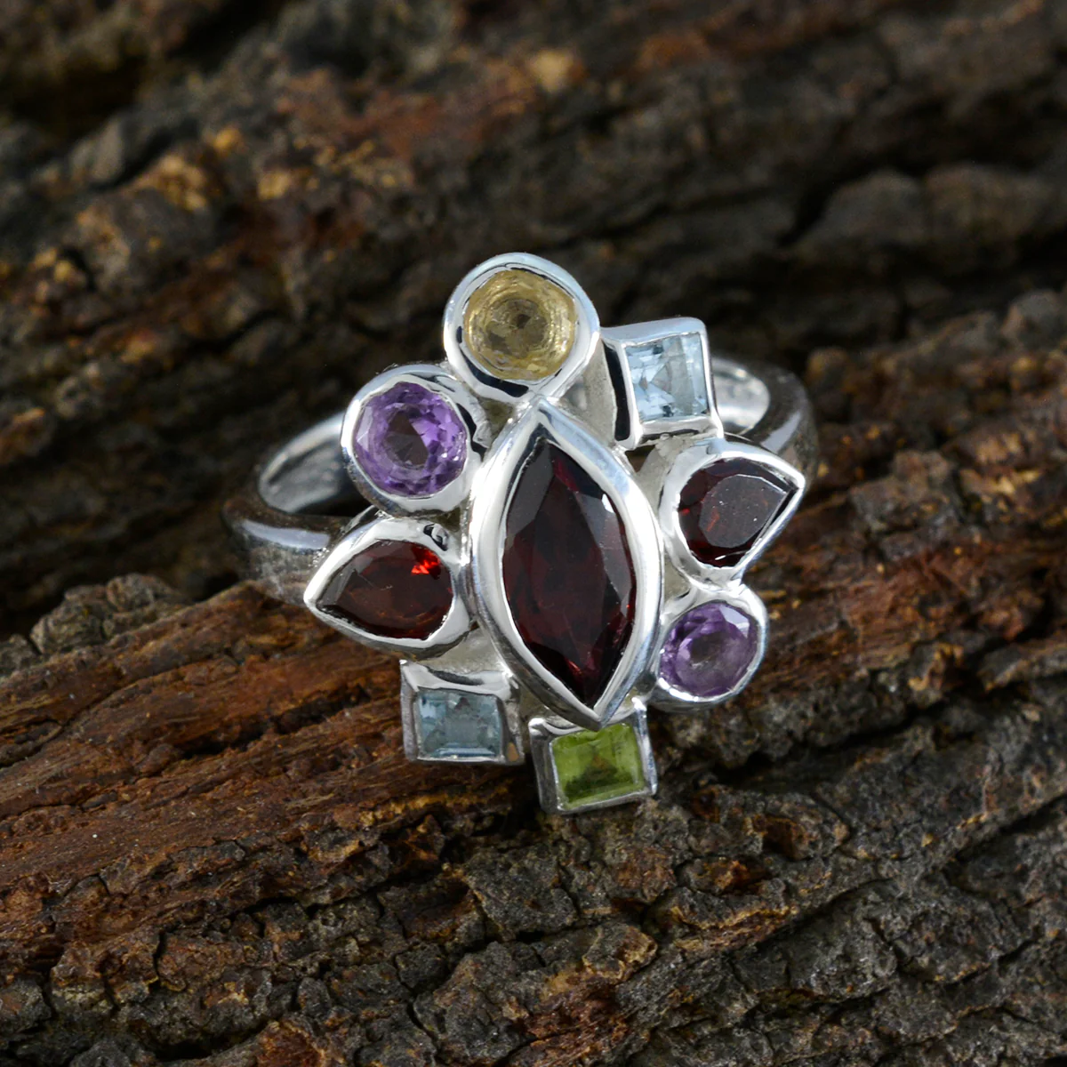 Multi Stone navratna French 925 Silver multicolor Gemstone Eye-catching Cocktail Ring Jewelry - Image 3