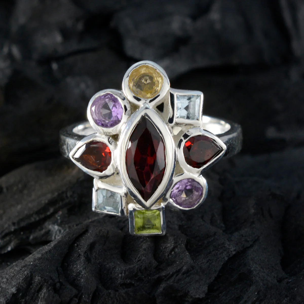 Multi Stone navratna French 925 Silver multicolor Gemstone Eye-catching Cocktail Ring Jewelry - Image 4