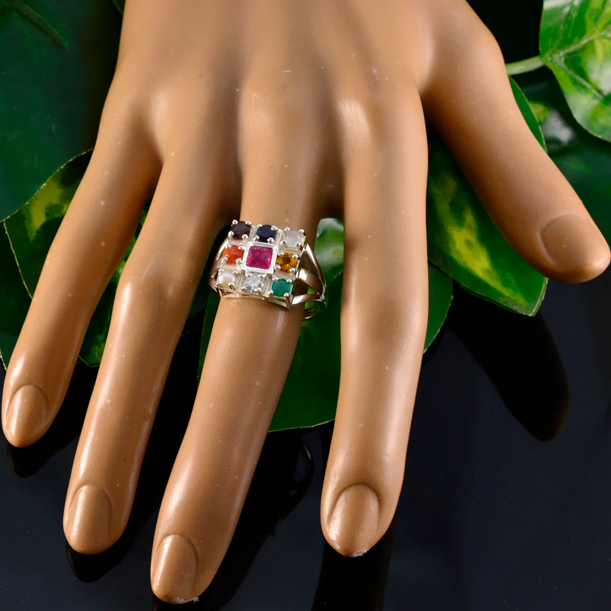 Multi Stone navratna French 925 Silver multicolor Gemstones Slim Ethnic Ring Jewellery - Image 5