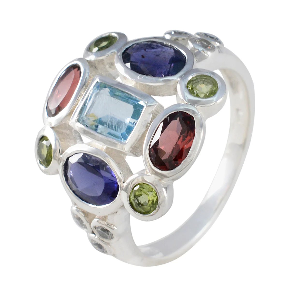 Multi Stone Navratna French 925 Sterling Silver multicolor Gems Classic Cocktail Ring Jewelry - Image 2