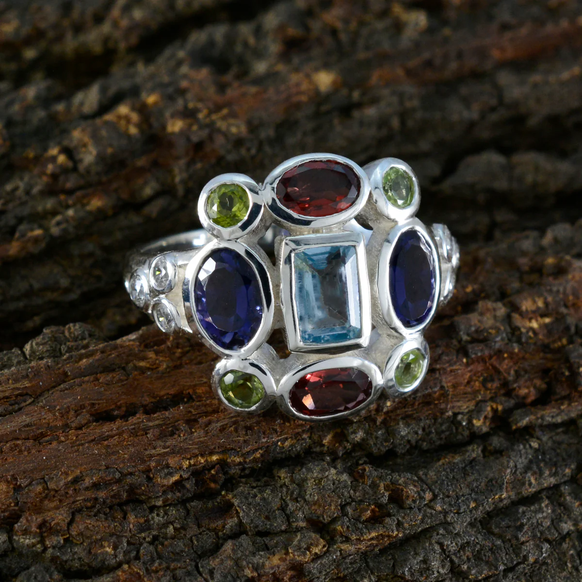 Multi Stone Navratna French 925 Sterling Silver multicolor Gems Classic Cocktail Ring Jewelry - Image 3