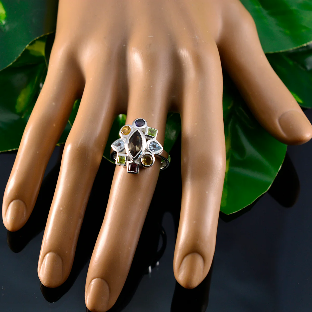Multi Stone navratna French Silver multicolor Gems Eye-catching Cocktail Ring Jewellery - Image 5