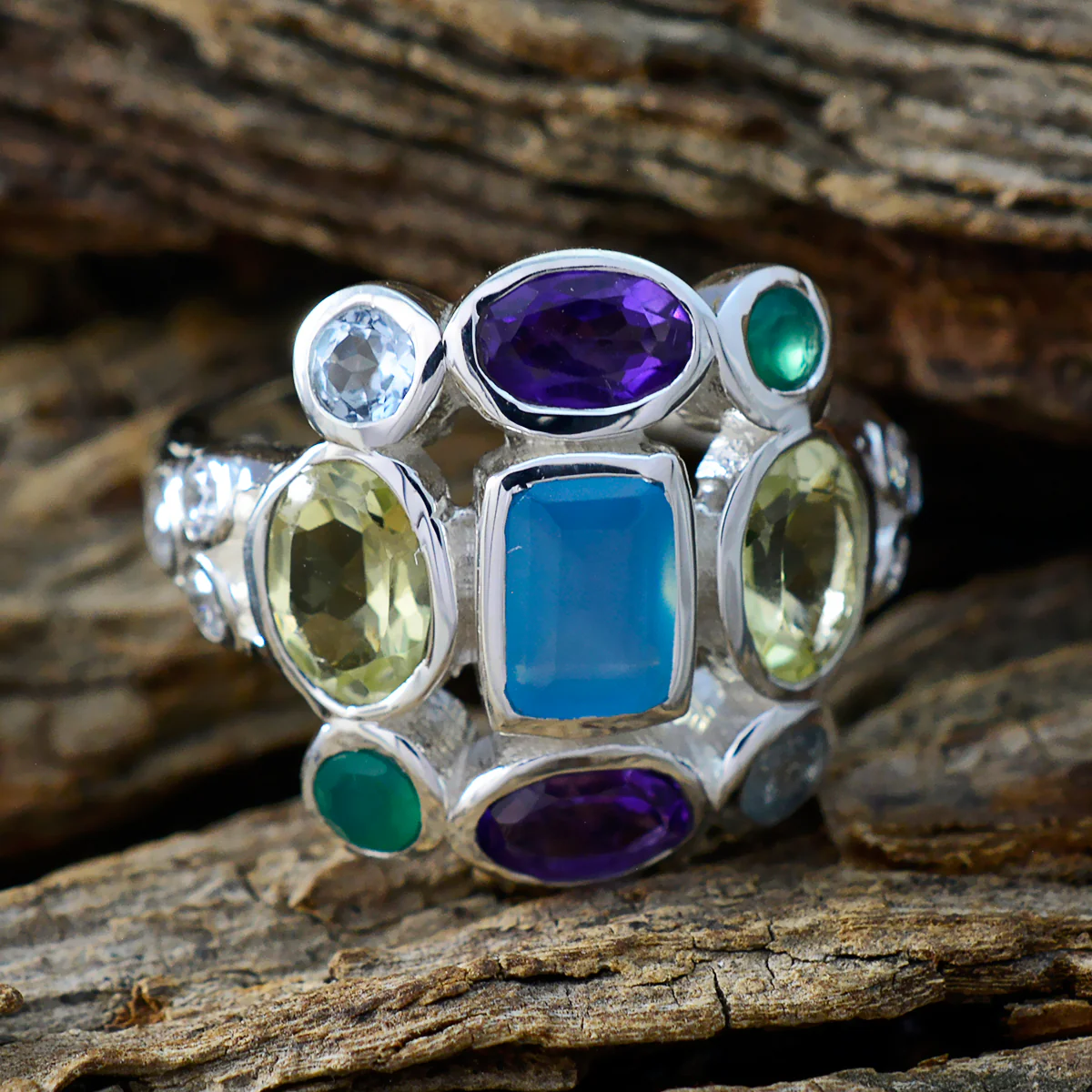 Multi Stone Navratna German 92.5 Silver multicolor Gems Classic Cocktail Ring Jewelry - Image 3