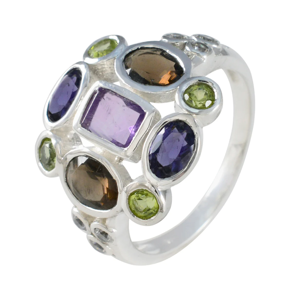 Multi Stone Navratna Indian Sterling Silver multicolor Gemstones Classic Cocktail Ring Jewelry - Image 2