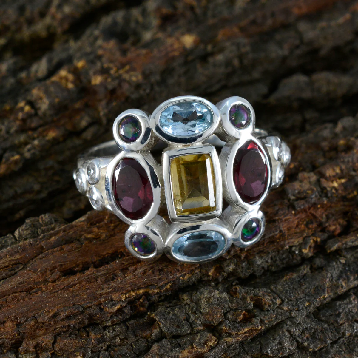 Multi Stone Navratna Moroccan 925 Silver multicolor Gemstone Classic Cocktail Ring Jewelry - Image 3