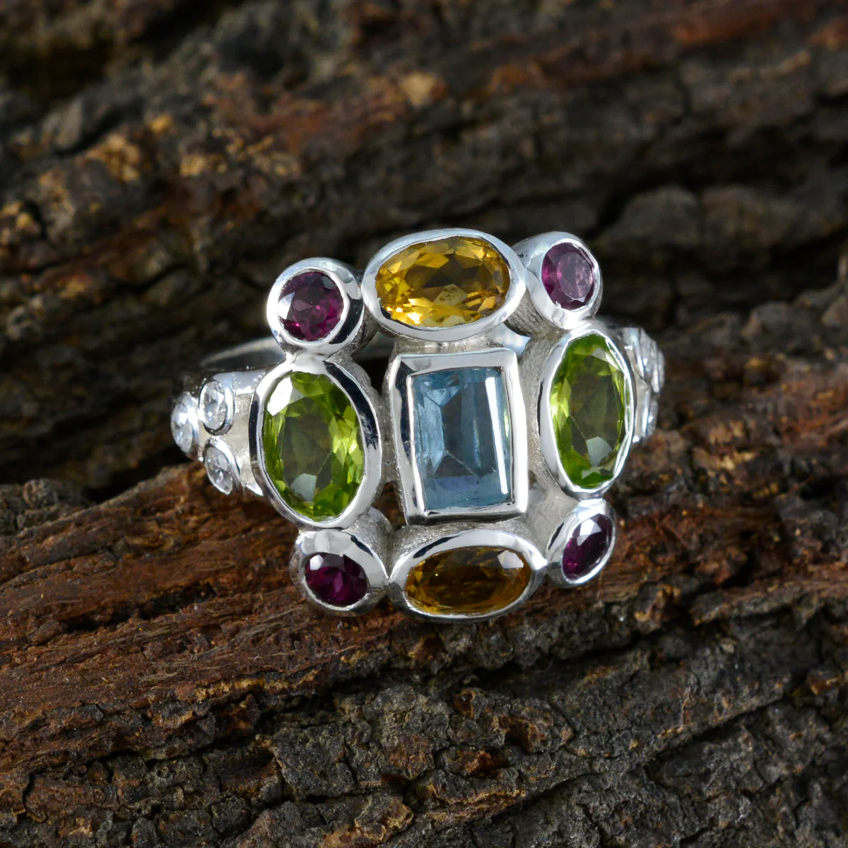 Multi Stone Navratna Moroccan Silver multicolor Gems Classic Cocktail Ring Jewellery - Image 3