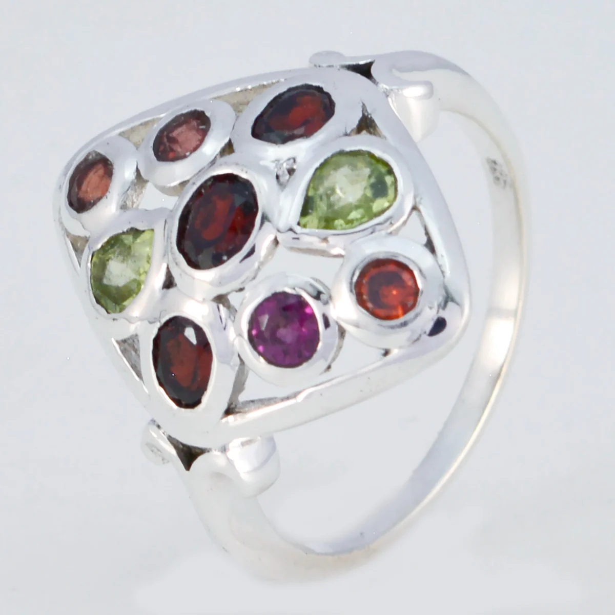 Multi Stone Navratna Moroccan Silver multicolor Gems Slim Modern Ring Jewelry - Image 2