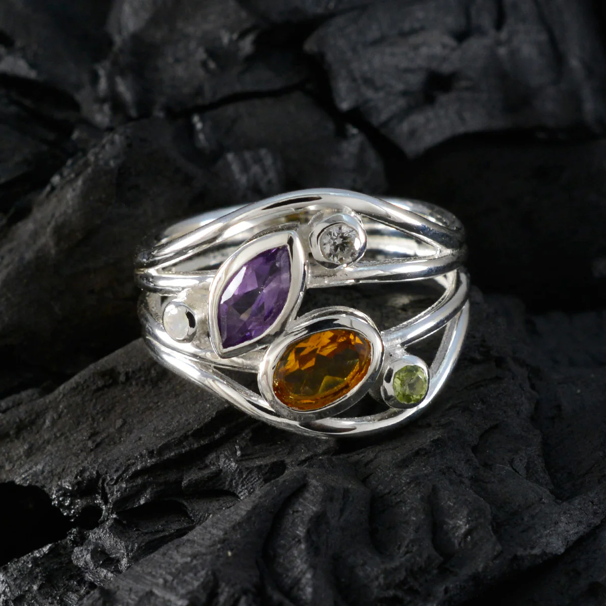 Multi Stone Penta French 925 Silver multicolor Gemstones Eye-catching Modern Ring Jewellery - Image 4