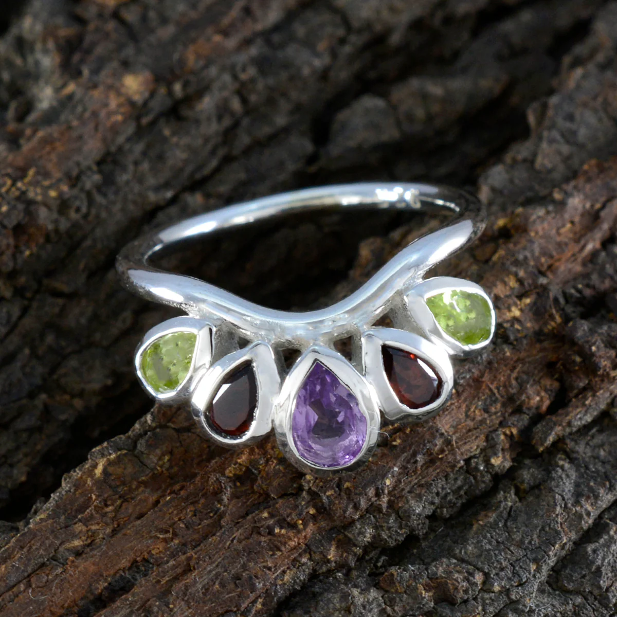 Multi Stone Penta Indian Silver multicolor Gems Slim crown Ring Jewellery - Image 4