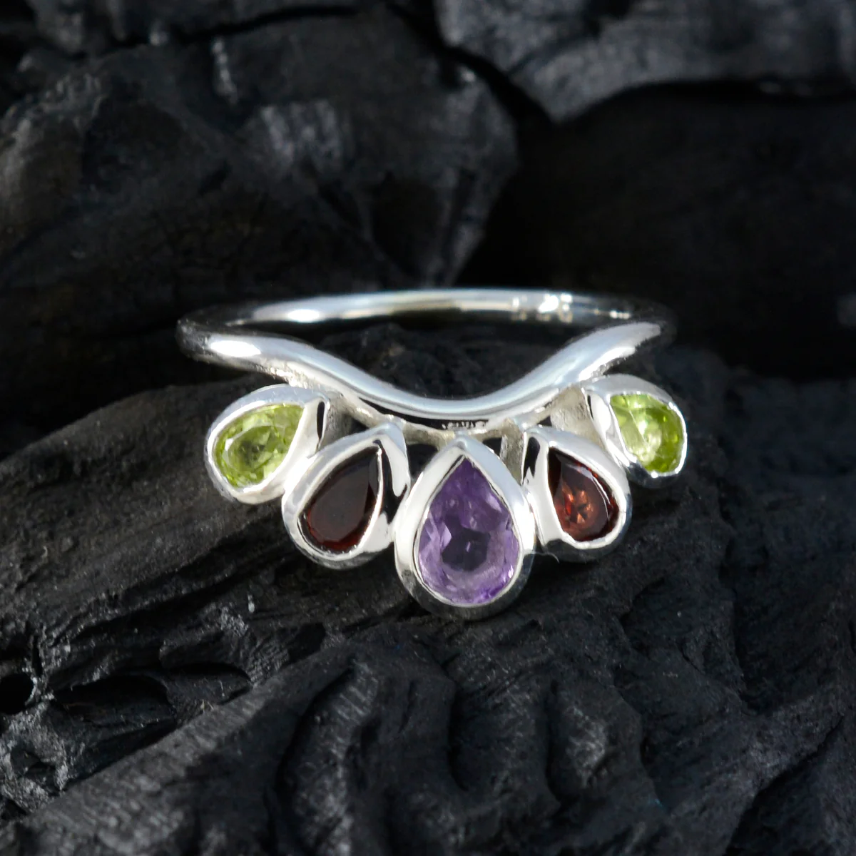 Multi Stone Penta Indian Silver multicolor Gems Slim crown Ring Jewellery - Image 5