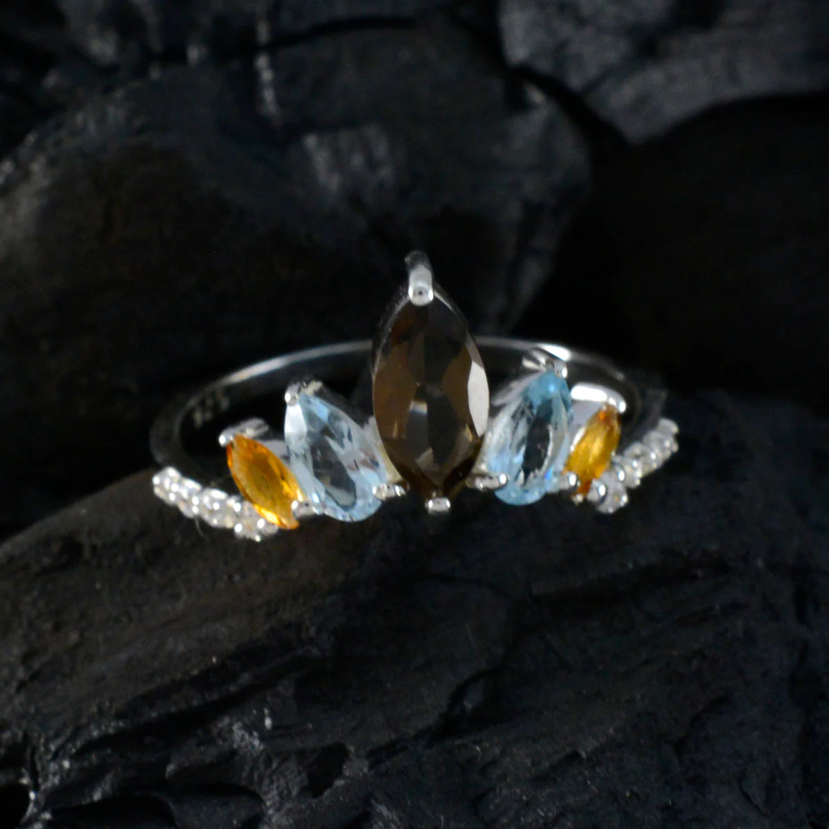 Multi Stone Penta Japanese Silver multicolor Gemstones Elegant crown Ring Jewellery - Image 5