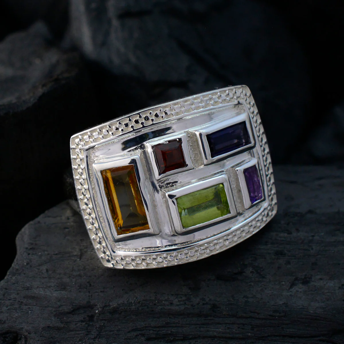 Multi Stone penta Moroccan 92.5 Silver multicolor Gems Versatile Cocktail Ring Jewelry - Image 4
