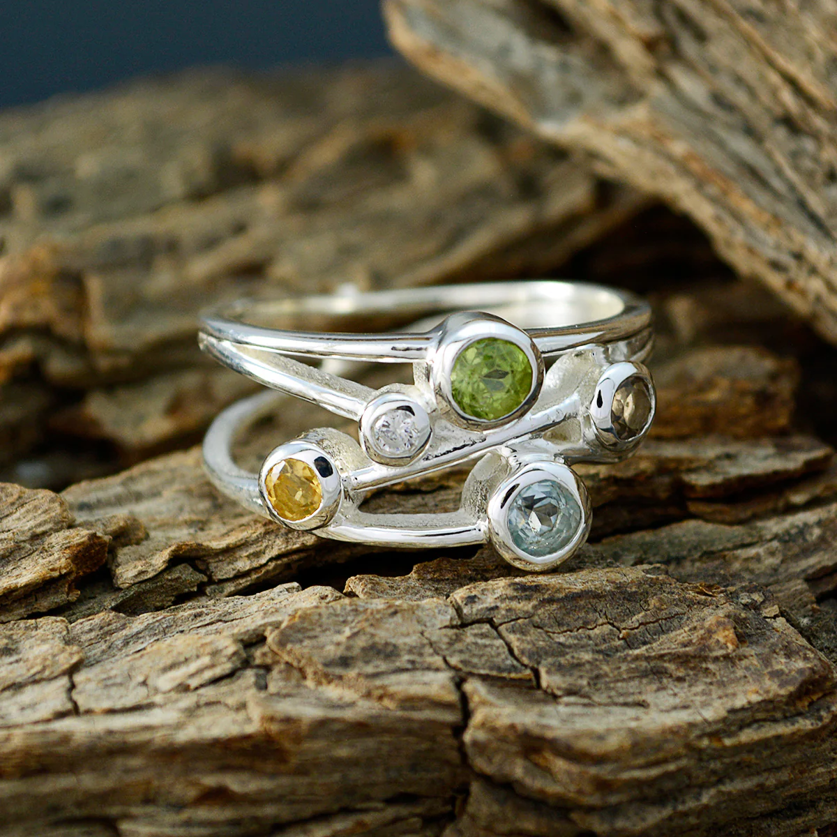 Multi Stone Penta Moroccan 925 Silver multicolor Gemstone Classic Modern Ring Jewelry - Image 3