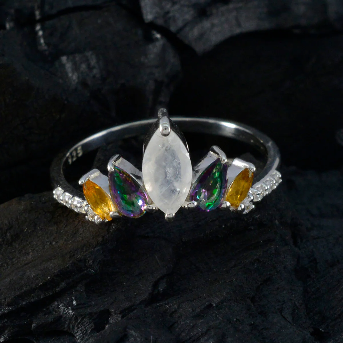 Multi Stone Penta Turkish 925 Silver multicolor Gemstones Elegant  crown Ring Jewelry - Image 5