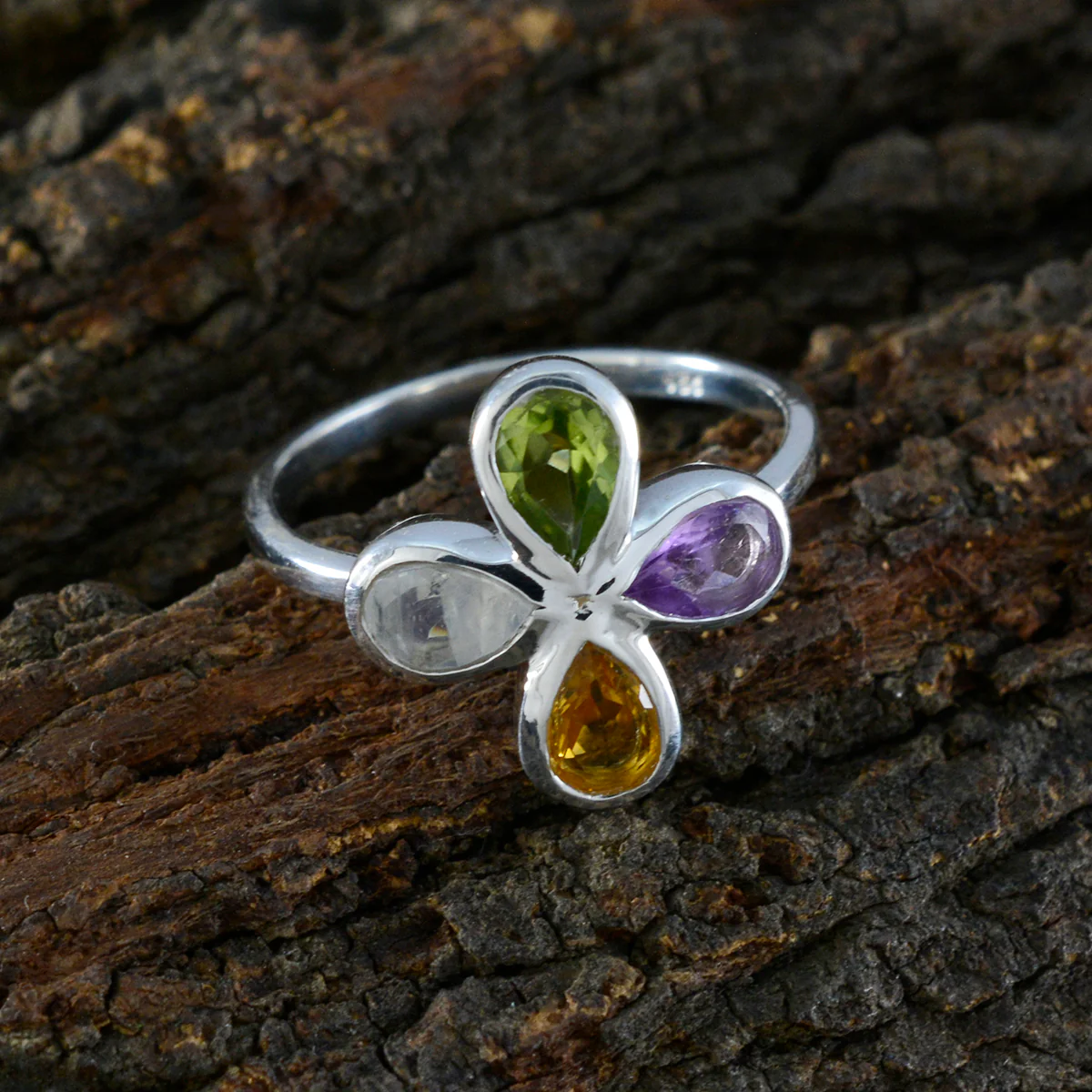 Multi Stone quarter American 925 Silver multicolor Gemstones Dainty Floral Ring Jewelry - Image 3
