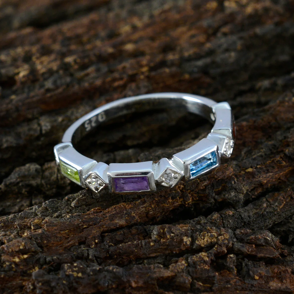 Multi Stone quarter American Sterling Silver multicolor Gems Dainty Trendy Band Jewelry - Image 3