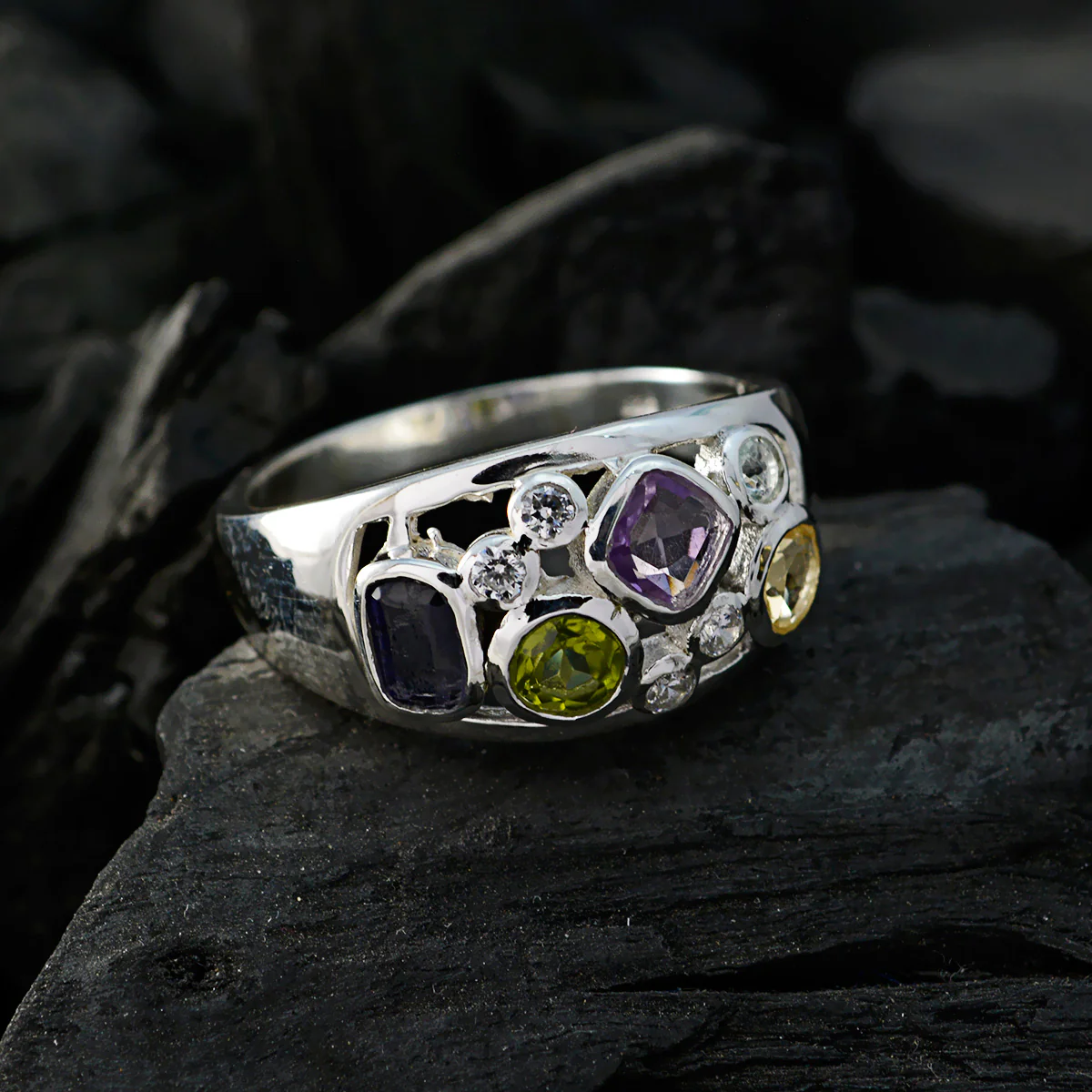 Multi Stone quarter Egyptian 925 Silver multicolor Gemstone Eye-catching Modern Ring Jewelry - Image 4