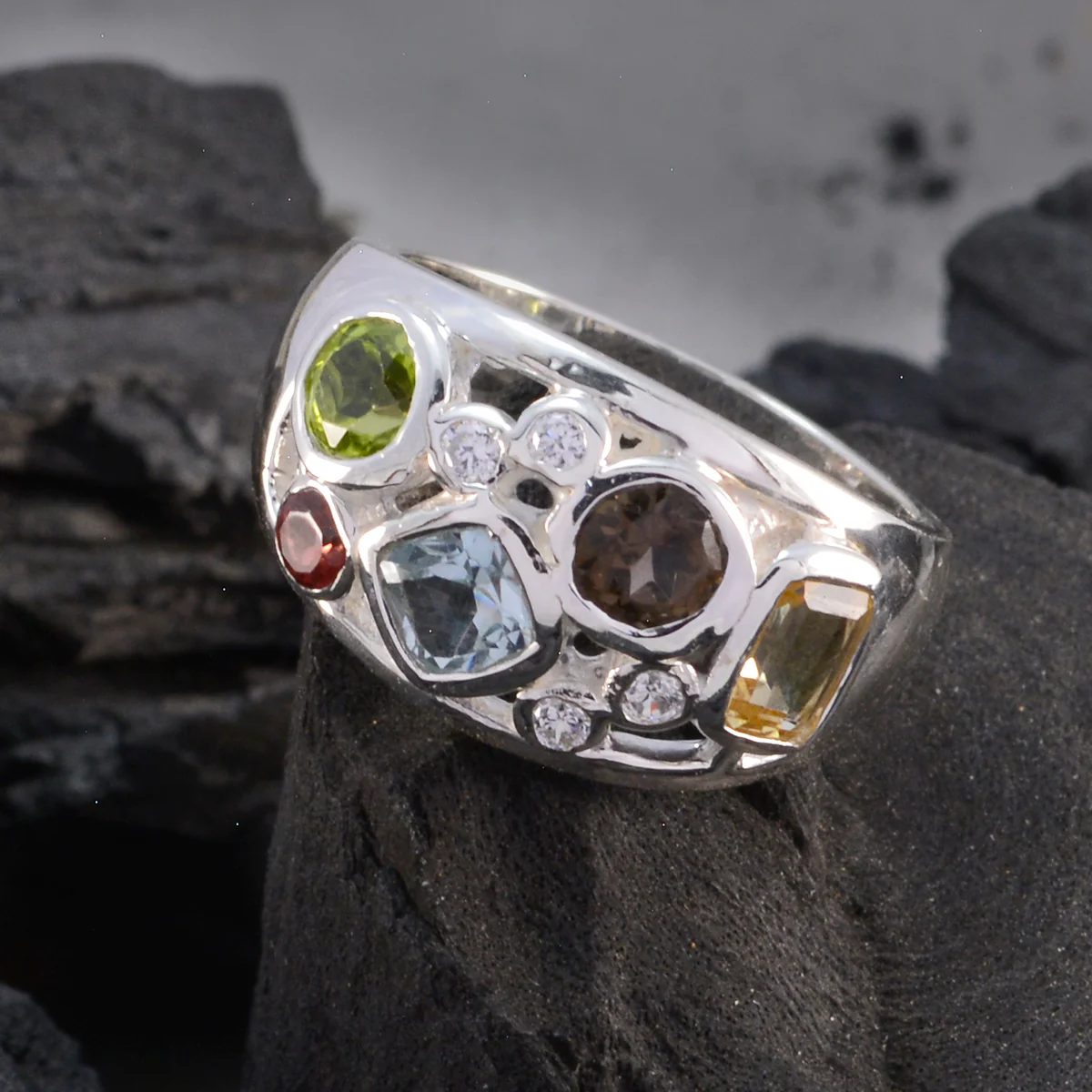 Multi Stone quarter French 92.5 Silver multicolor Gemstones Eye-catching Contemporary Ring Jewellery - Image 4