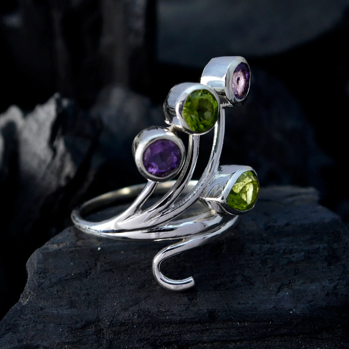 Multi Stone quarter French 925 Silver multicolor Gemstones Classic Contemporary Ring Jewelry - Image 4