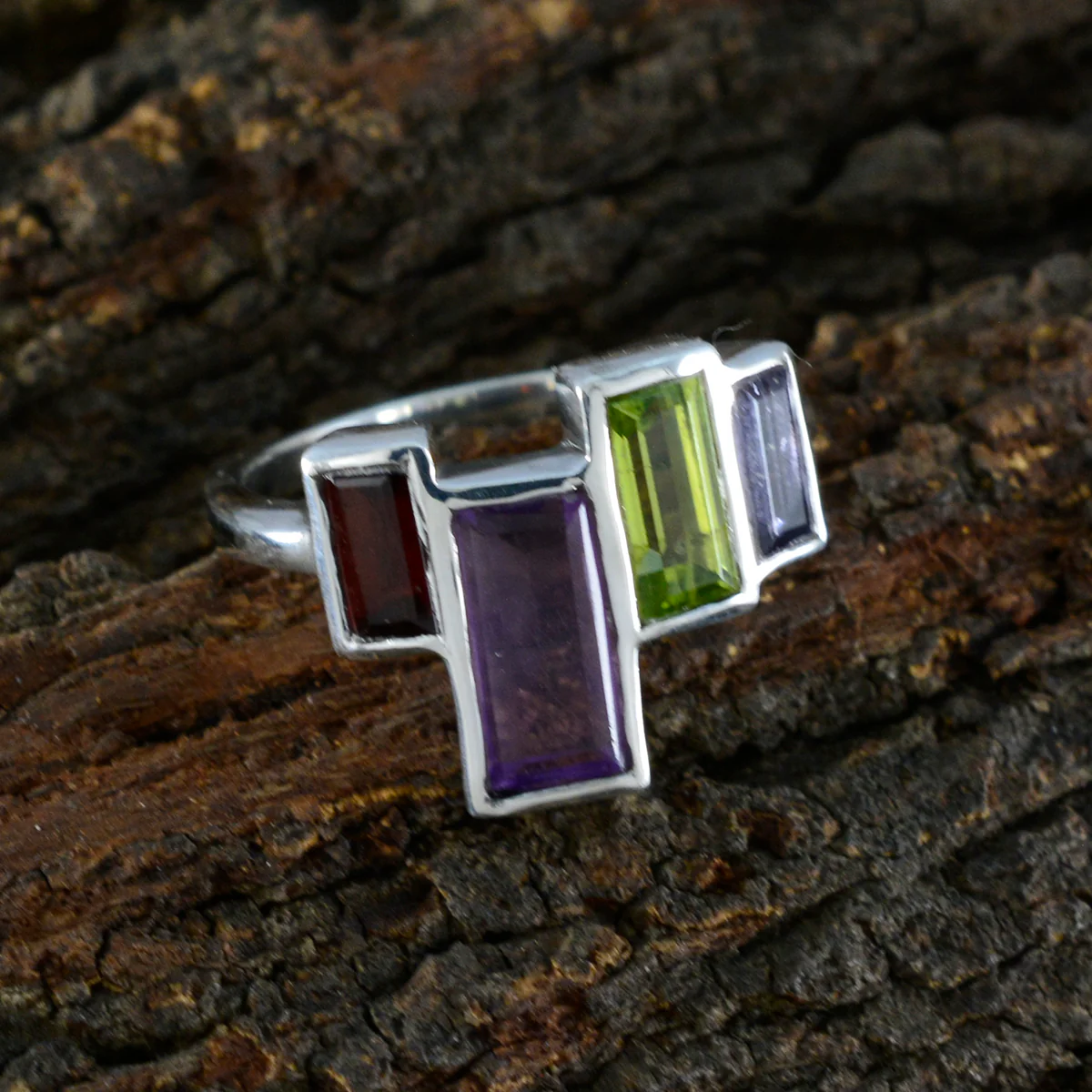 Multi Stone quarter French 925 Sterling Silver multicolor Gems Featherlight Cocktail Ring Jewellery - Image 3