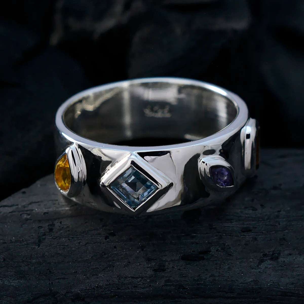 Multi Stone quarter French Sterling Silver multicolor Gems Minimal Abstract Band Jewelry - Image 4